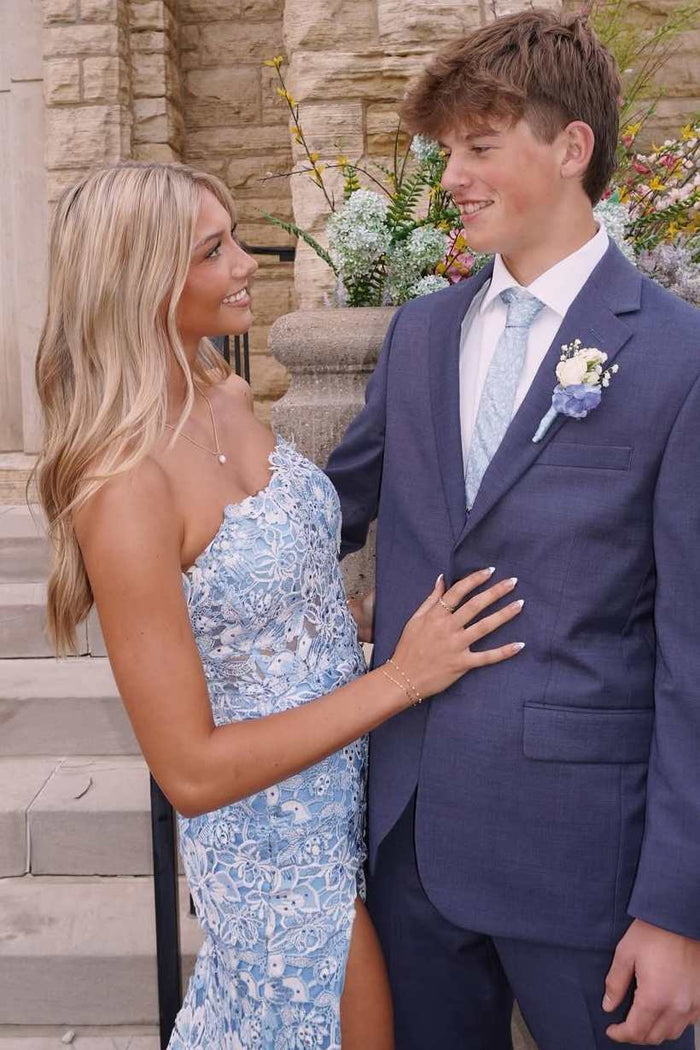 Gorgeous Strapless Lace Appliques Mermaid Long Prom Dress with Slit