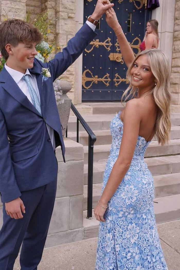 Gorgeous Strapless Lace Appliques Mermaid Long Prom Dress with Slit