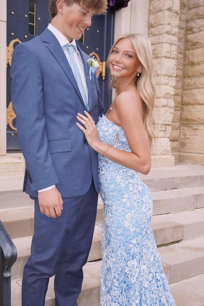 Gorgeous Strapless Lace Appliques Mermaid Long Prom Dress with Slit
