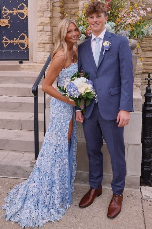 Gorgeous Strapless Lace Appliques Mermaid Long Prom Dress with Slit
