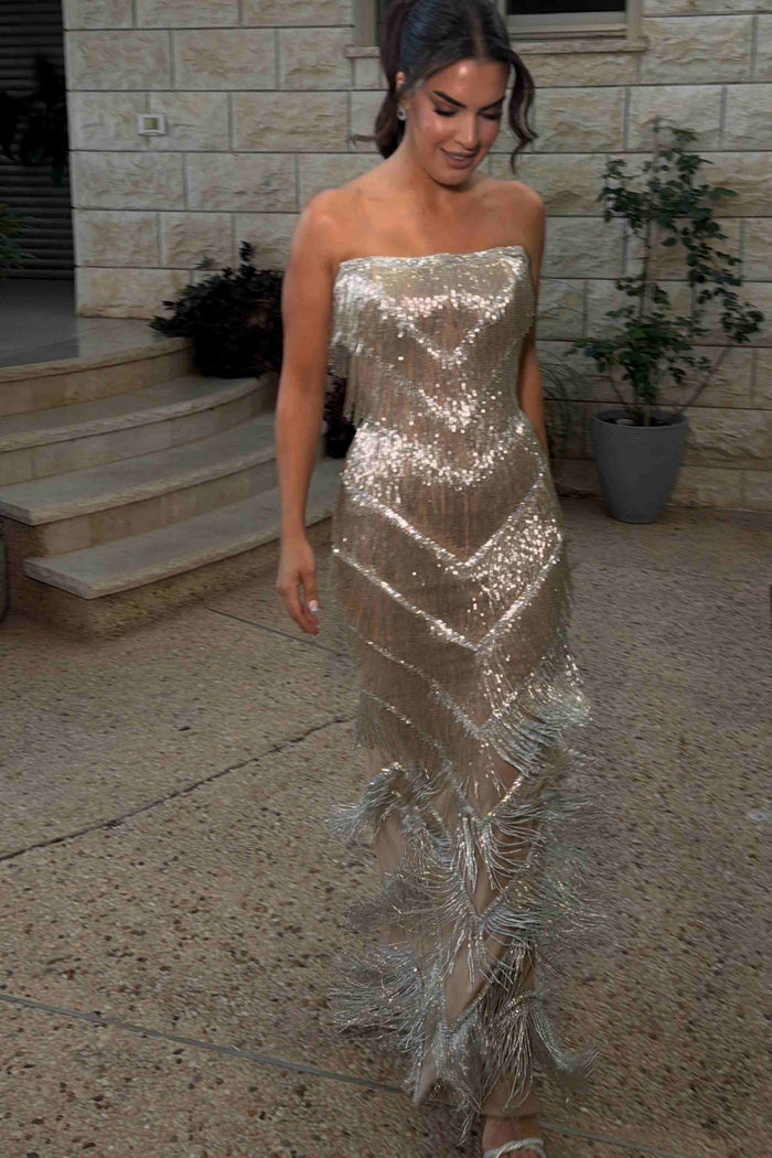 Gorgeous Strapless Tassel Sleeveless Long Prom Party Dress
