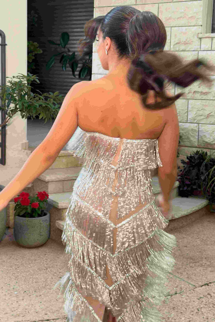 Gorgeous Strapless Tassel Sleeveless Long Prom Party Dress