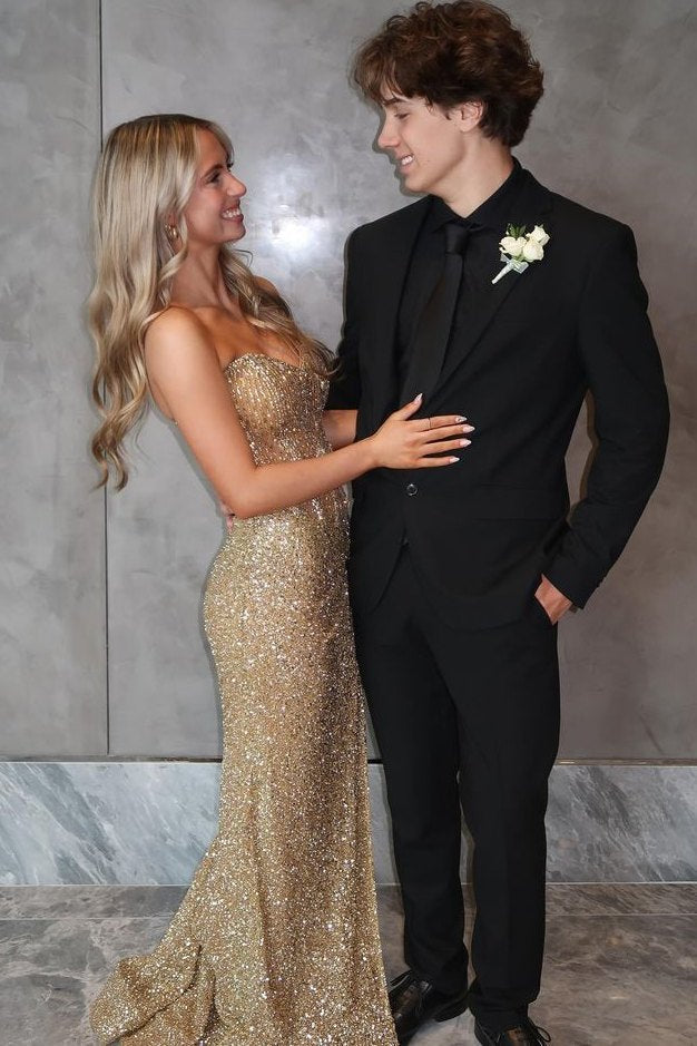 Gorgeous Strapless V-Neck Sequins Mermaid Sleeveless Prom Dress