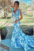 Gorgeous Straps V-Neck Print Mermaid Floral Prom Dress with Train