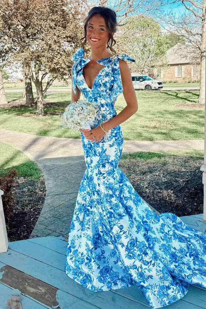 Gorgeous Straps V-Neck Print Mermaid Floral Prom Dress with Train