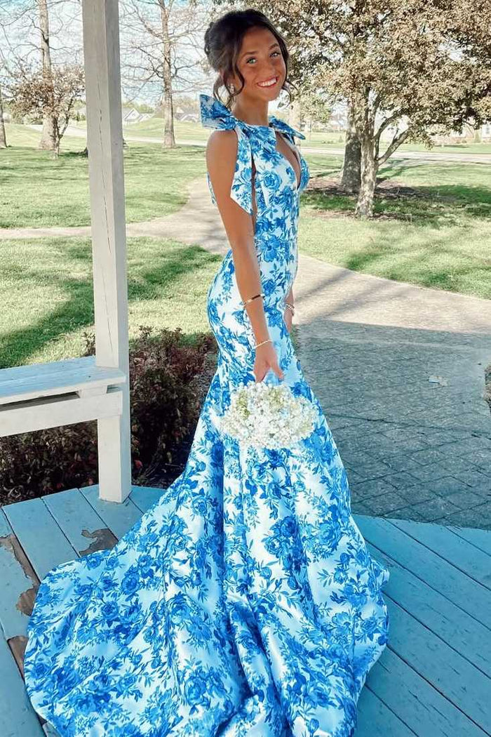 Gorgeous Straps V-Neck Print Mermaid Floral Prom Dress with Train