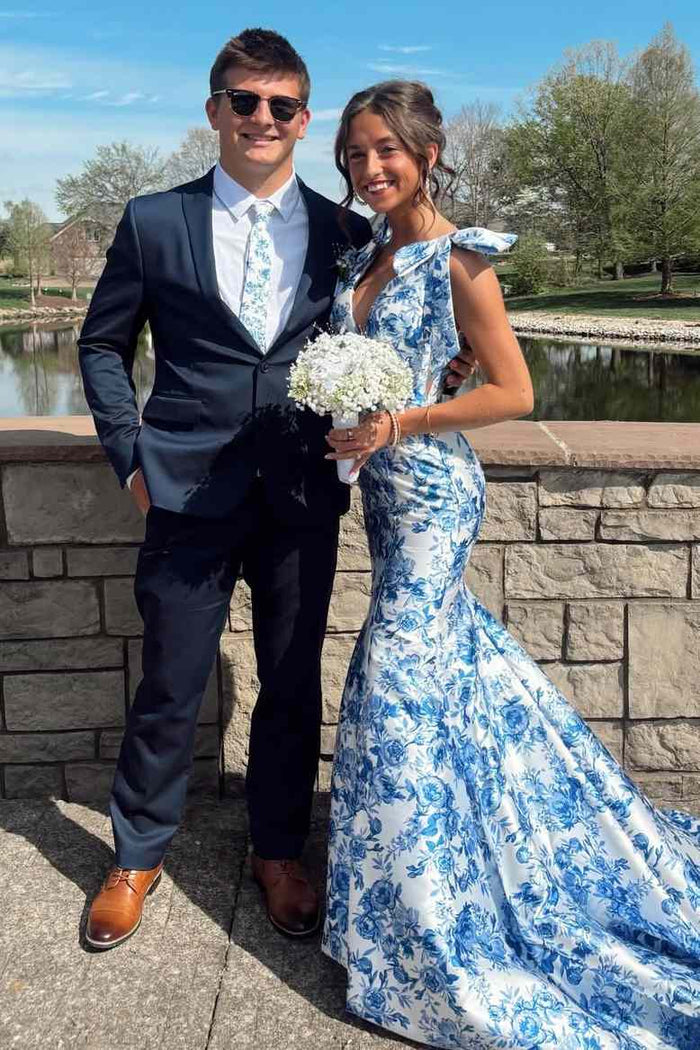 Gorgeous Straps V-Neck Print Mermaid Floral Prom Dress with Train