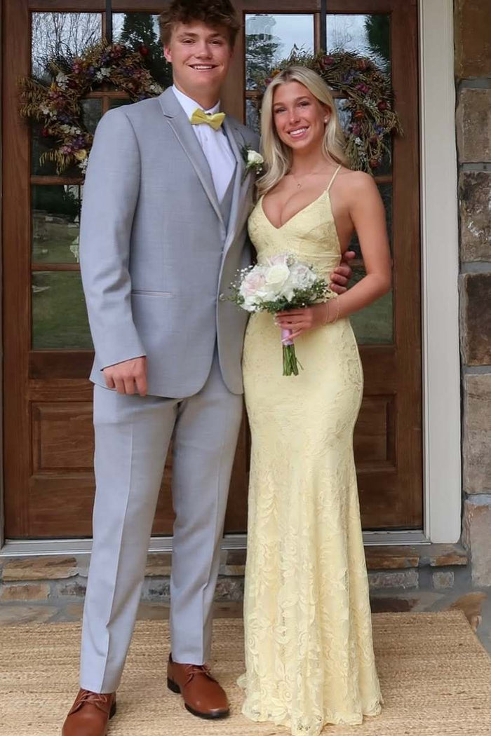 Gorgeous Yellow Spaghetti Straps Lace Appliques V-Neck Prom Dress