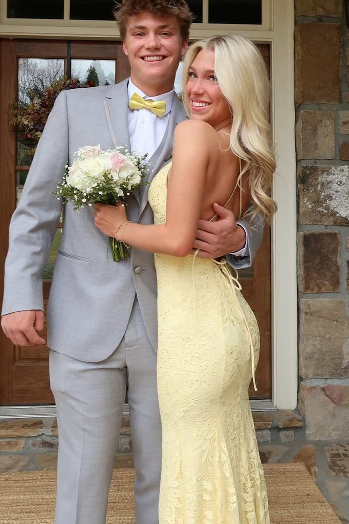 Gorgeous Yellow Spaghetti Straps Lace Appliques V-Neck Prom Dress