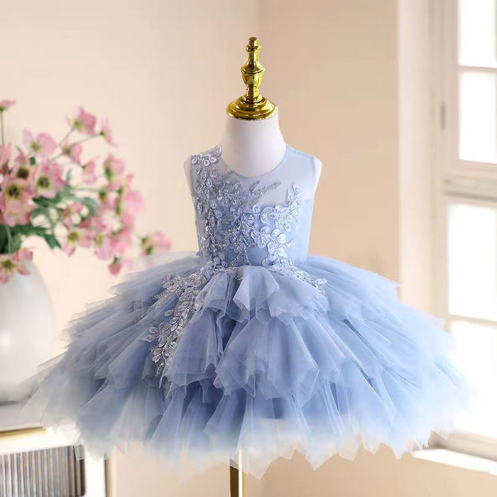 Graceful Embroidered Tiered Tulle Girl Dress Sleeveless Blue J538