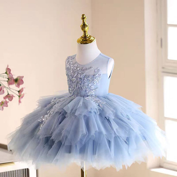 Graceful Embroidered Tiered Tulle Girl Dress Sleeveless Blue J538