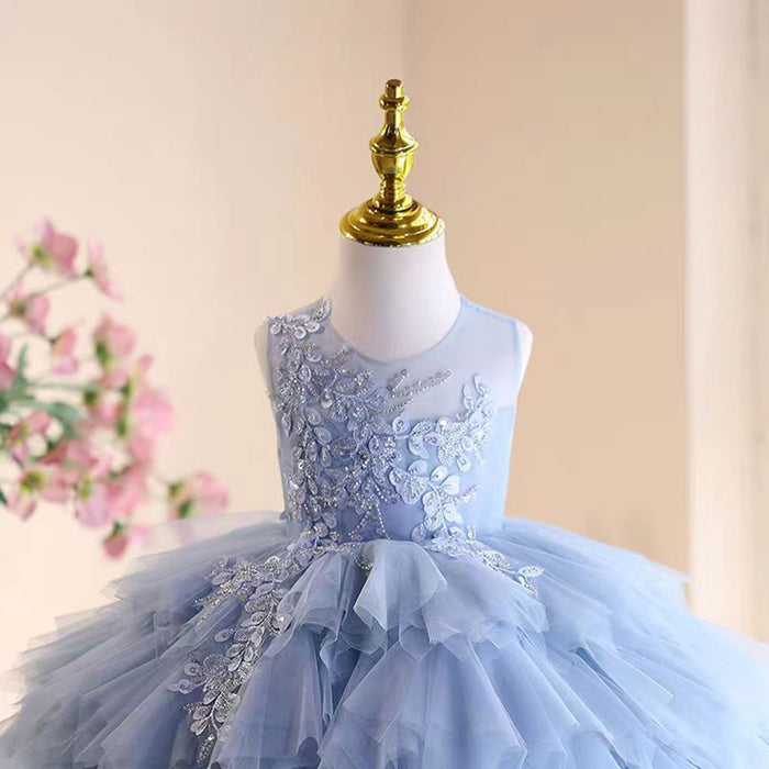 Graceful Embroidered Tiered Tulle Girl Dress Sleeveless Blue J538