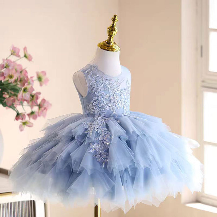Graceful Embroidered Tiered Tulle Girl Dress Sleeveless Blue J538
