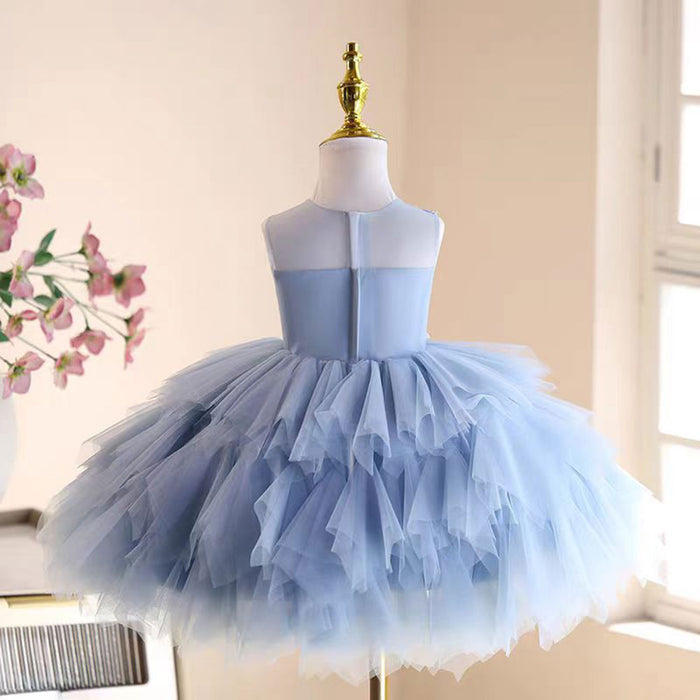 Graceful Embroidered Tiered Tulle Girl Dress Sleeveless Blue J538