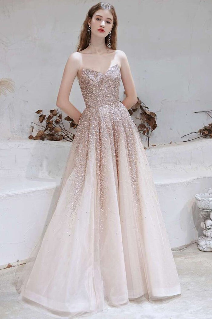 Gradient Rose Gold Tulle Strapless Prom Gown with Cape
