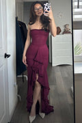 Grape Strapless Ruffles Pleats Sleeveless Long Formal Prom Dress with Slit