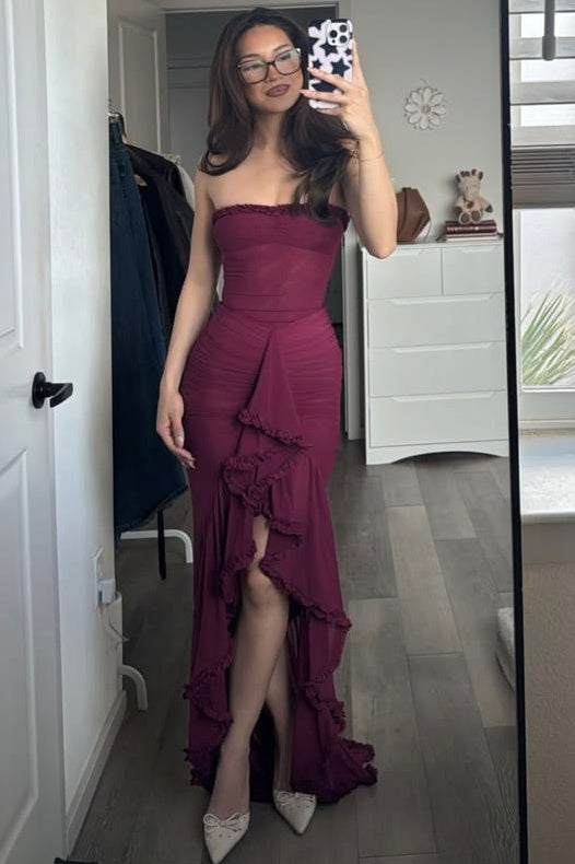 Grape Strapless Ruffles Pleats Sleeveless Long Formal Prom Dress with Slit