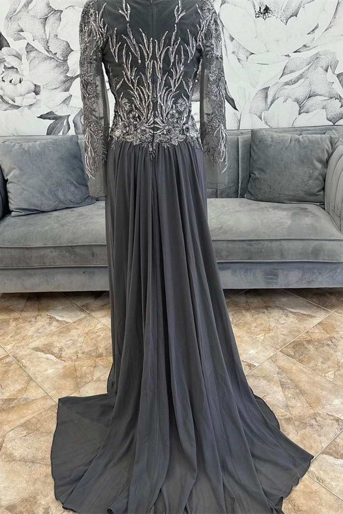 Gray Appliques Round Neck Mermaid Long Formal Dress