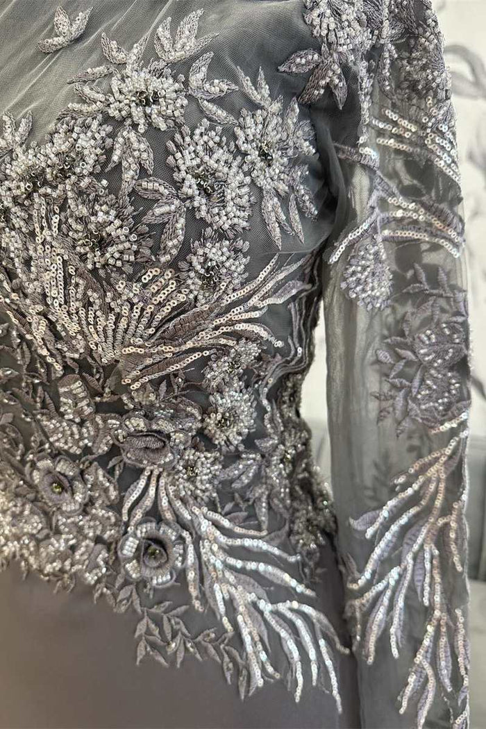Gray Appliques Round Neck Mermaid Long Formal Dress