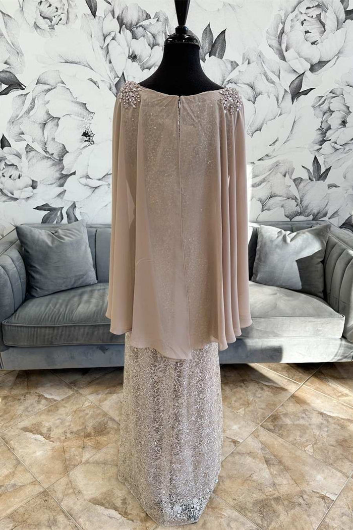 Gray Lace Round Neck Long Formal Dress with Cape Sleeves