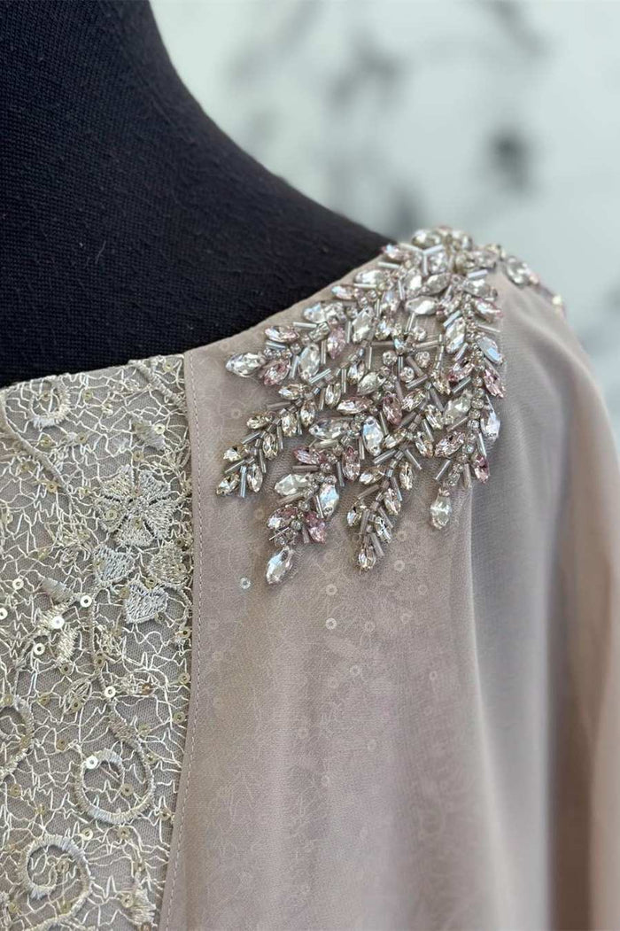 Gray Lace Round Neck Long Formal Dress with Cape Sleeves