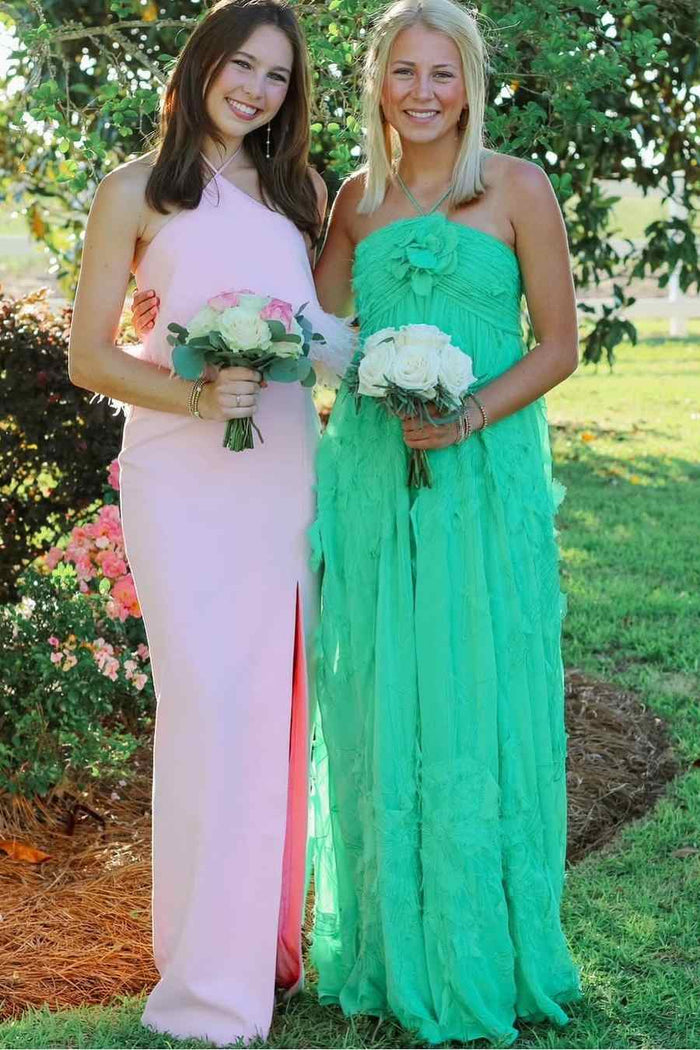 Green A-Line Halter Sleeveless Ruffles Long Formal Prom Dress