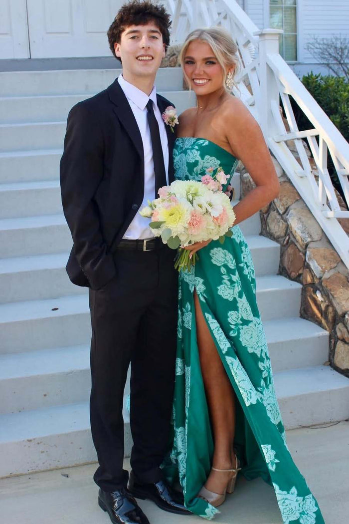 Green A-Line Strapless Print Side Slit Empire-Waist Long Prom Dress
