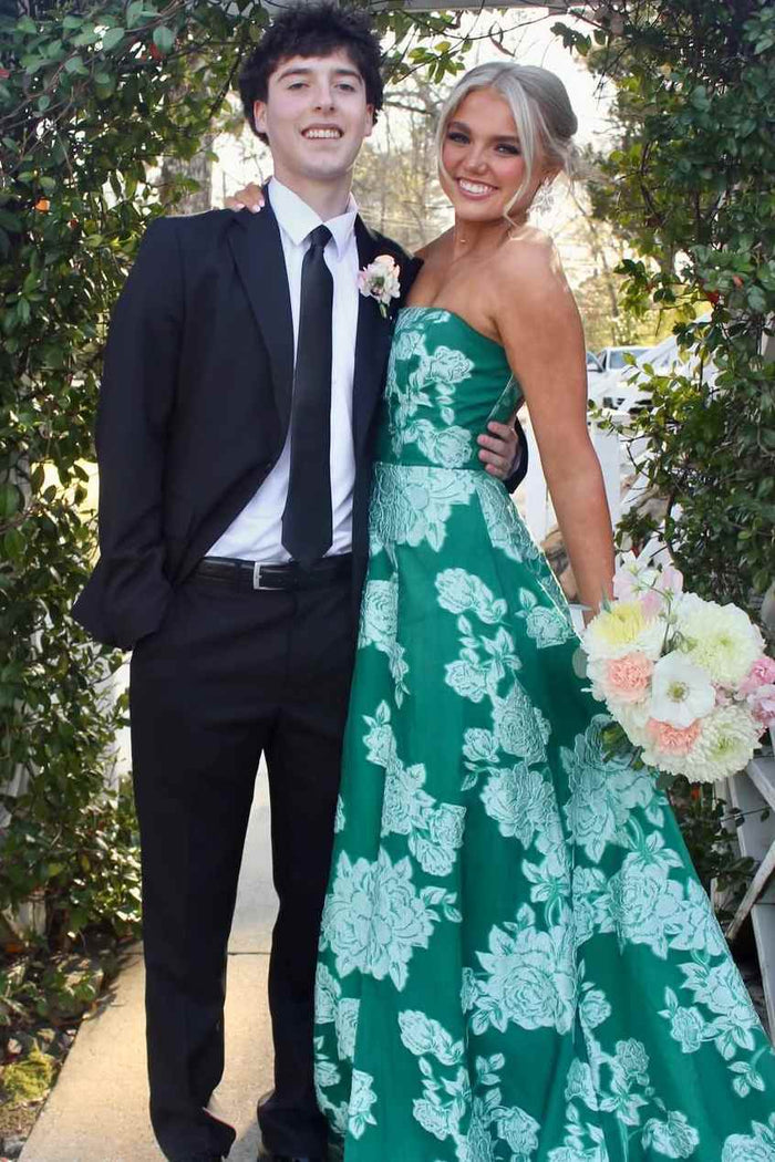 Green A-Line Strapless Print Side Slit Empire-Waist Long Prom Dress
