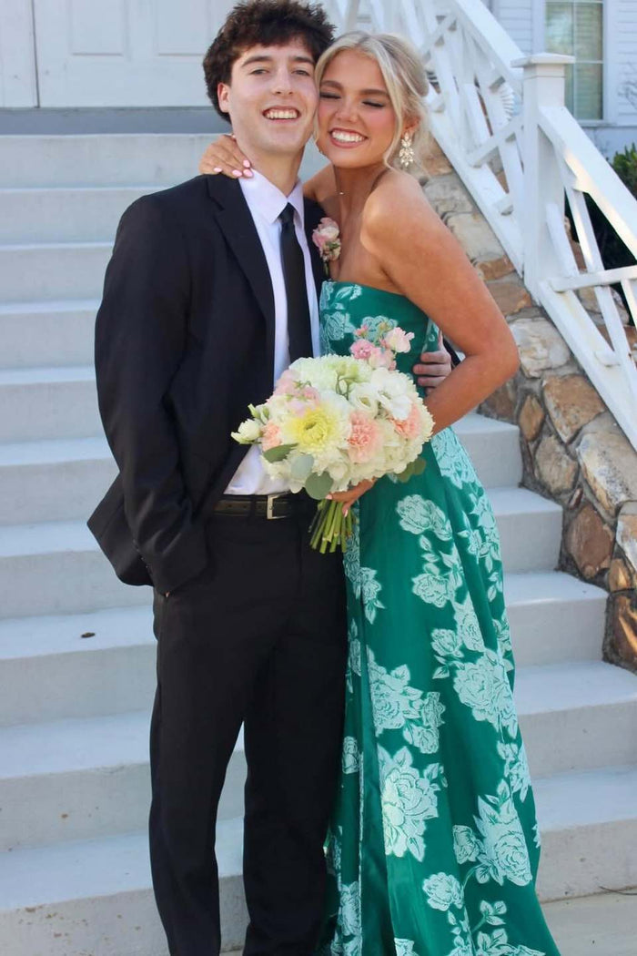 Green A-Line Strapless Print Side Slit Empire-Waist Long Prom Dress