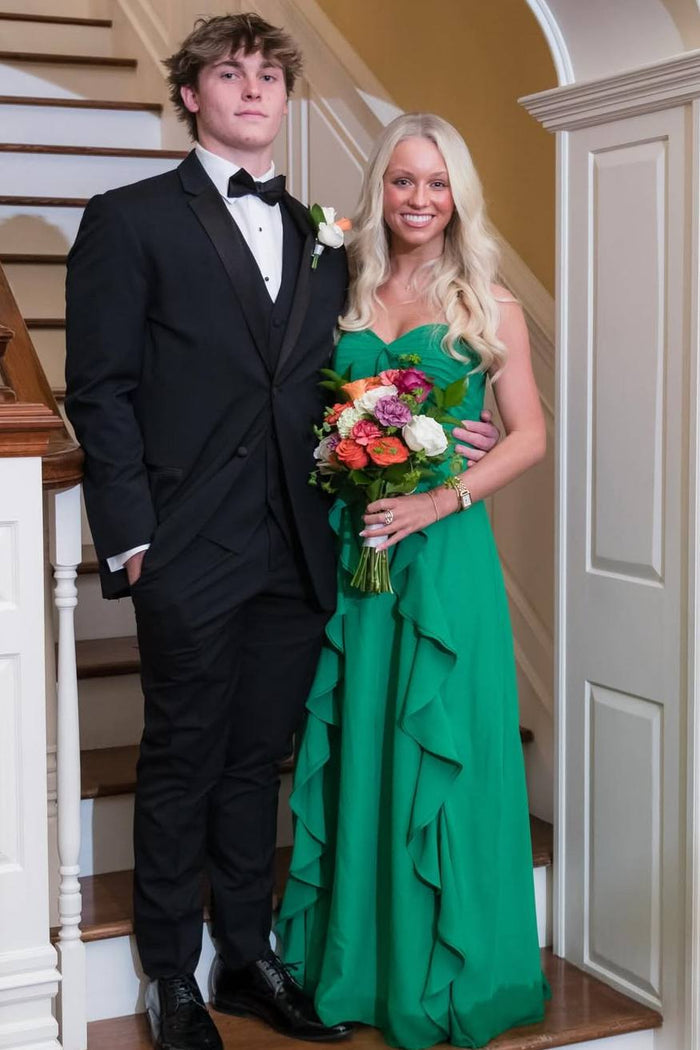 Green A-Line Strapless Sweetheart Ruffles Sleeveless Long Prom Dress