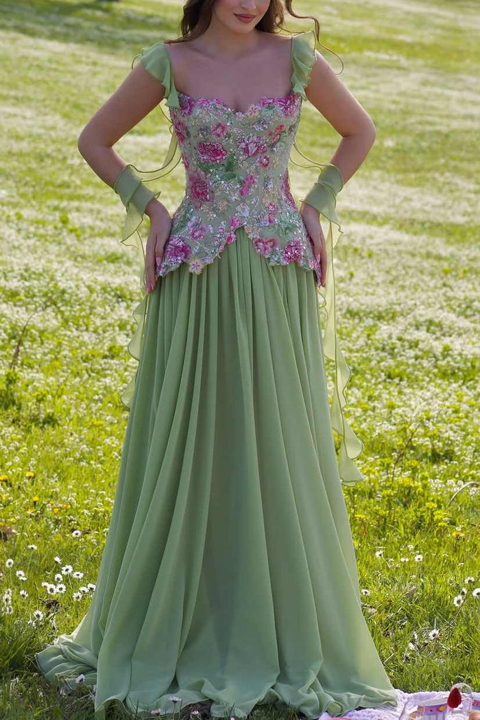 Green A-Line Straps Appliques Empire-Waist Pleated Long Prom Dress