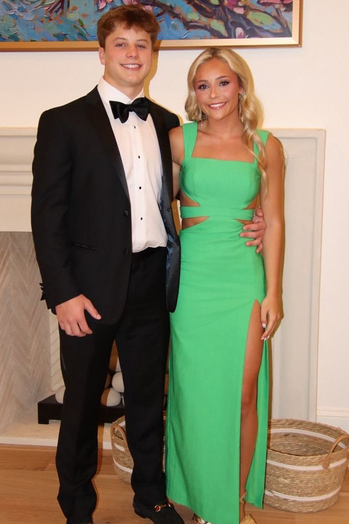 Green Double Straps Square Satin Formal Prom Dress with High Slit