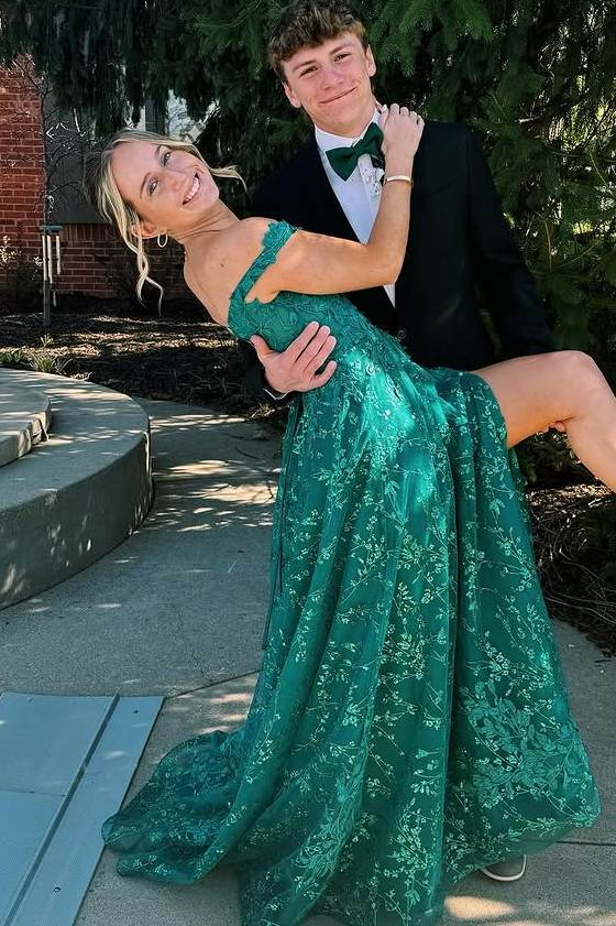 Green Off-Shoulder A-Line Lace Appliques Long Prom Dress with Slit
