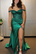 Green Off-Shoulder  Sweetheart Mermaid Pleated Prom Dress with Slit