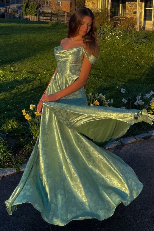 Green Print Spaghetti Straps A-Line Empire-Waist Long Prom Dress