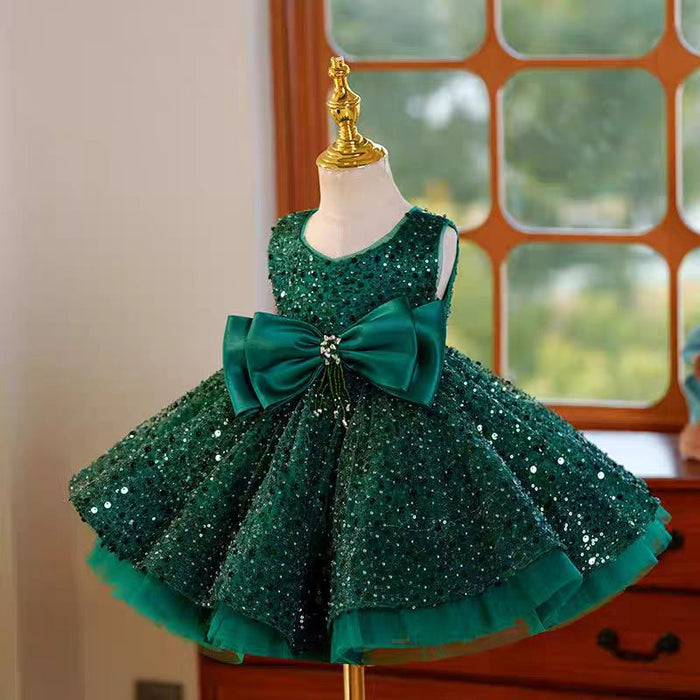 Green Sequins Toddler Knee Length 1st Birthday Party Girl Dress J353