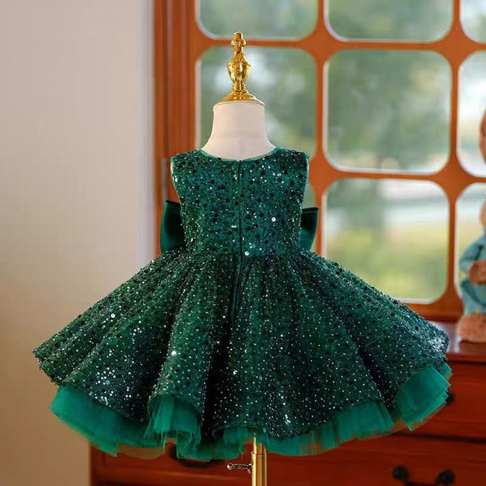 Green Sequins Toddler Knee Length 1st Birthday Party Girl Dress J353