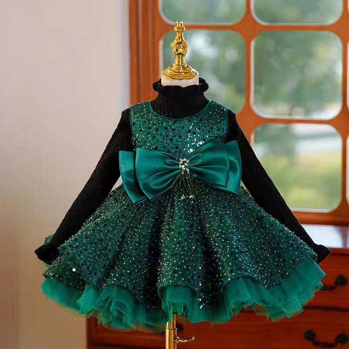 Green Sequins Toddler Knee Length 1st Birthday Party Girl Dress J353