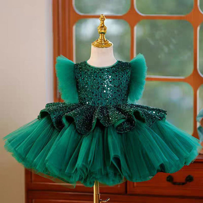 Green Sequins Toddler Knee Length 1st Birthday Party Girl Dress J353