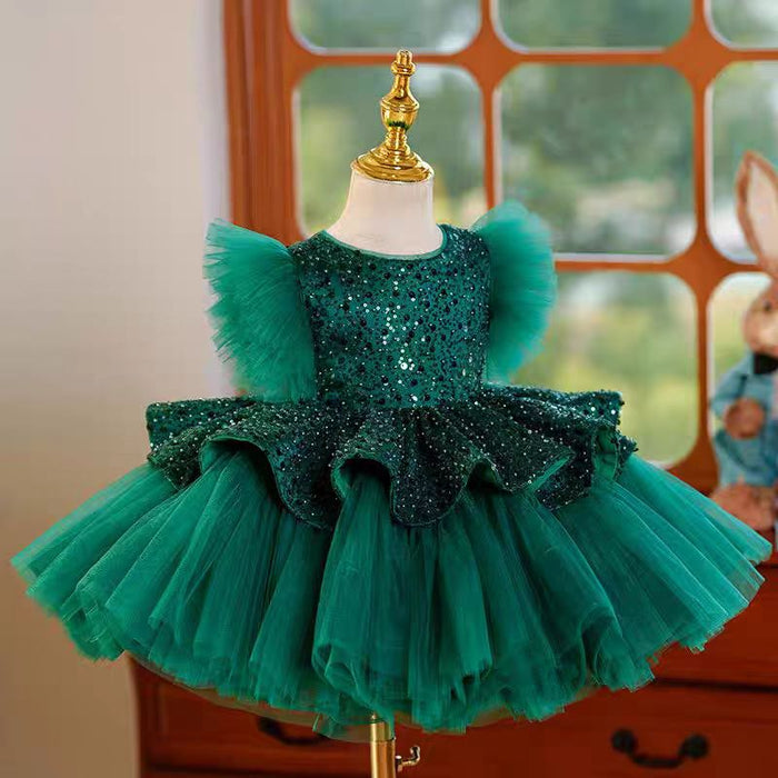Green Sequins Toddler Knee Length 1st Birthday Party Girl Dress J353