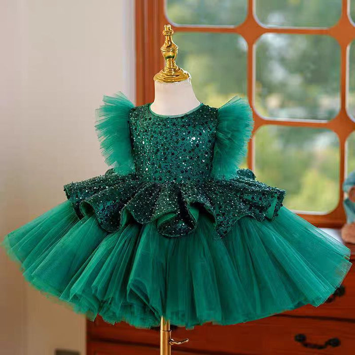 Green Sequins Toddler Knee Length 1st Birthday Party Girl Dress J353