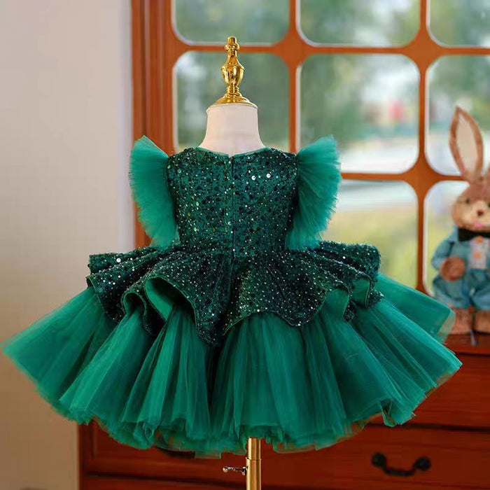 Green Sequins Toddler Knee Length 1st Birthday Party Girl Dress J353