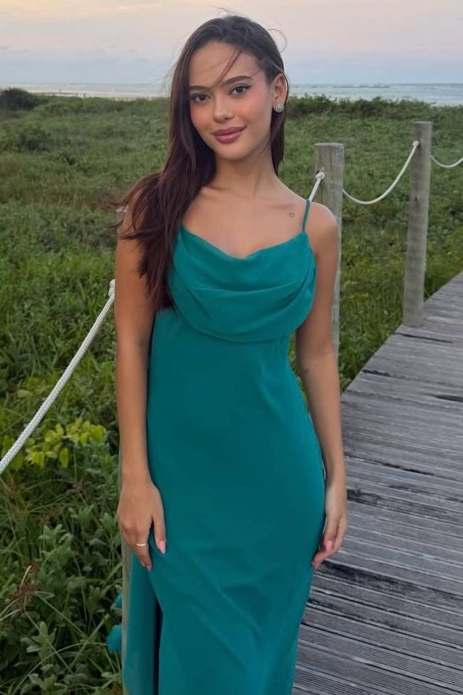 Green Spaghetti Straps Cowl Neck Side Slit Long Formal Prom Dress