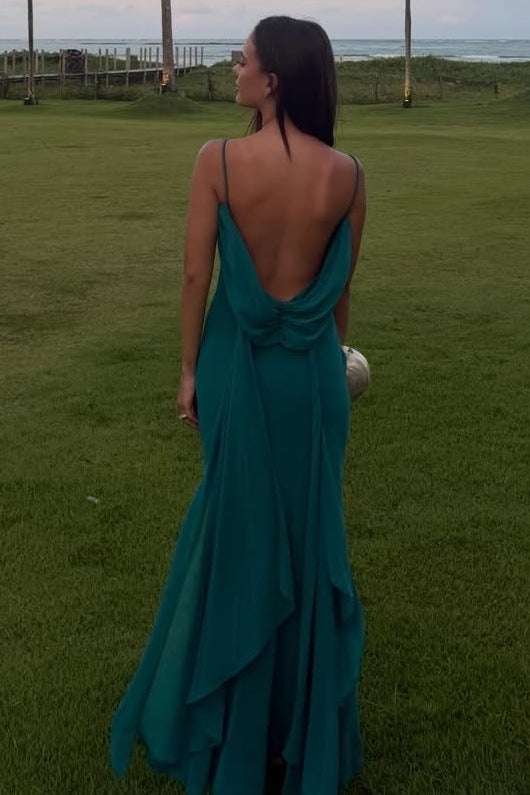 Green Spaghetti Straps Cowl Neck Side Slit Long Formal Prom Dress