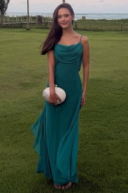 Green Spaghetti Straps Cowl Neck Side Slit Long Formal Prom Dress
