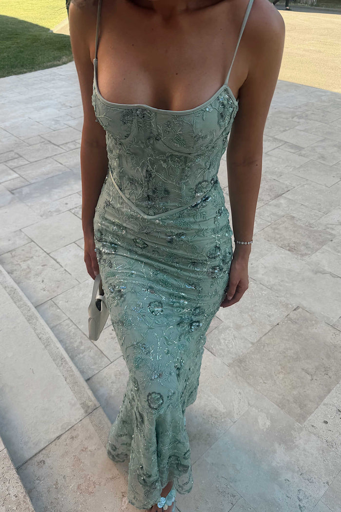 Green Spaghetti Straps Lace Appliques Pleats Long Prom Dress