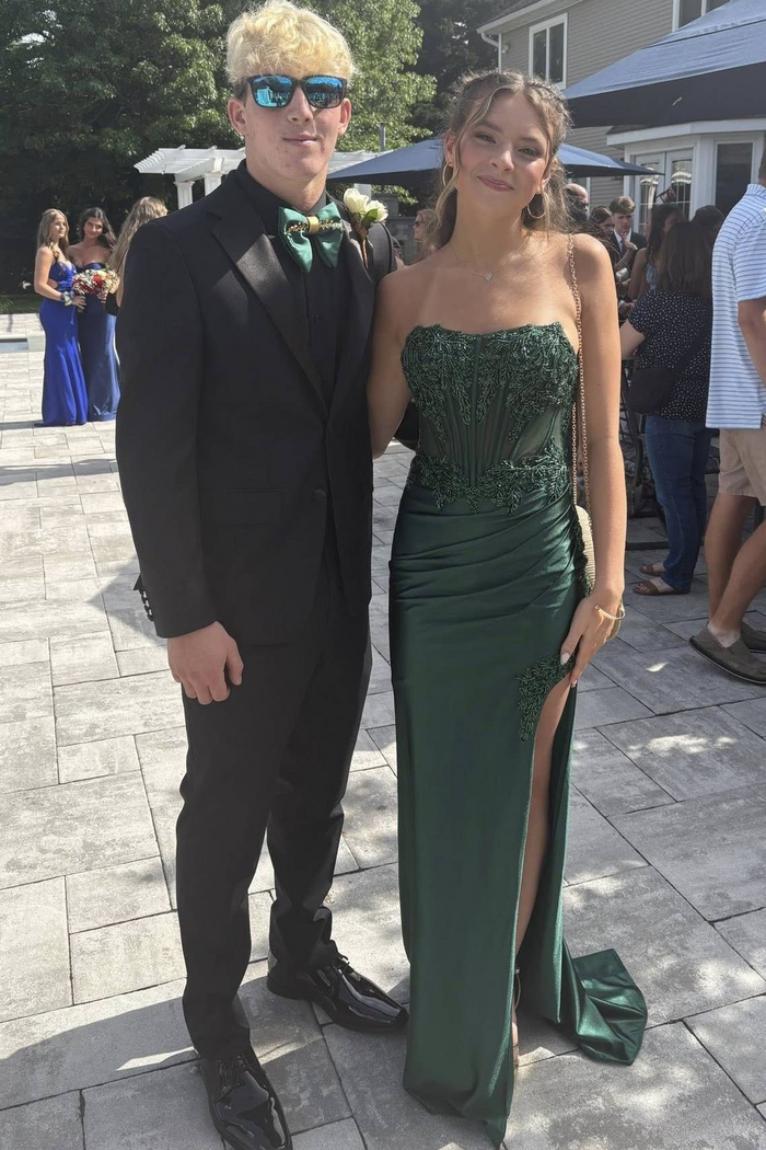 Green Strapless Appliques Pleats Side Slit Sleeveless Long Prom Dress
