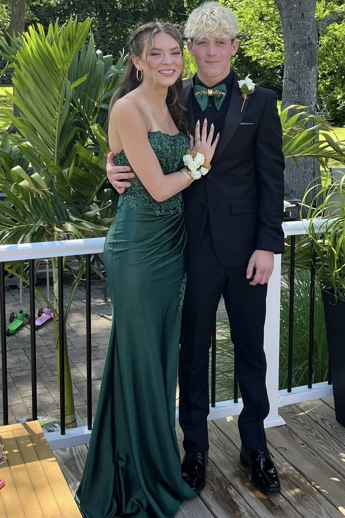 Green Strapless Appliques Pleats Side Slit Sleeveless Long Prom Dress