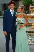 Green Strapless Scoop Neck Sleeveless Pleated Long Prom Dress