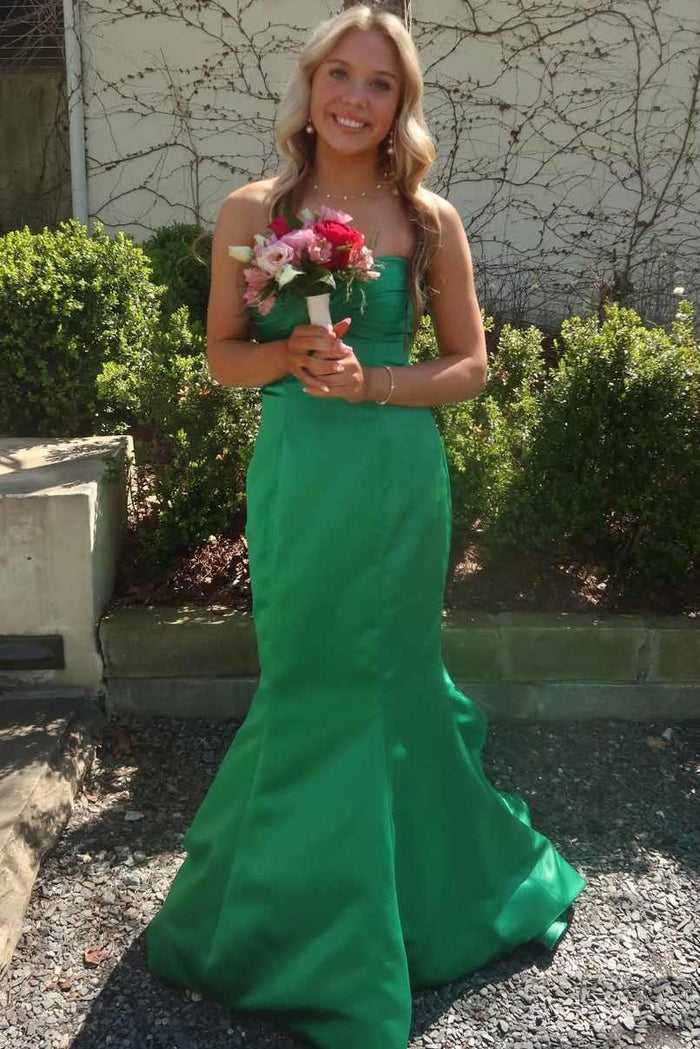 Green Strapless Sweetheart Pleated Satin Mermaid Sleeveless Prom Dress